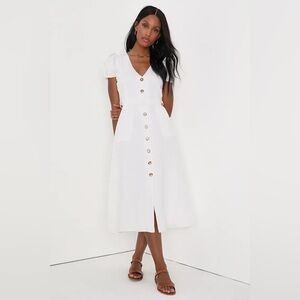 Lulus Sicily Sweetheart White Button-Front Puff Sleeve
Midi Dress